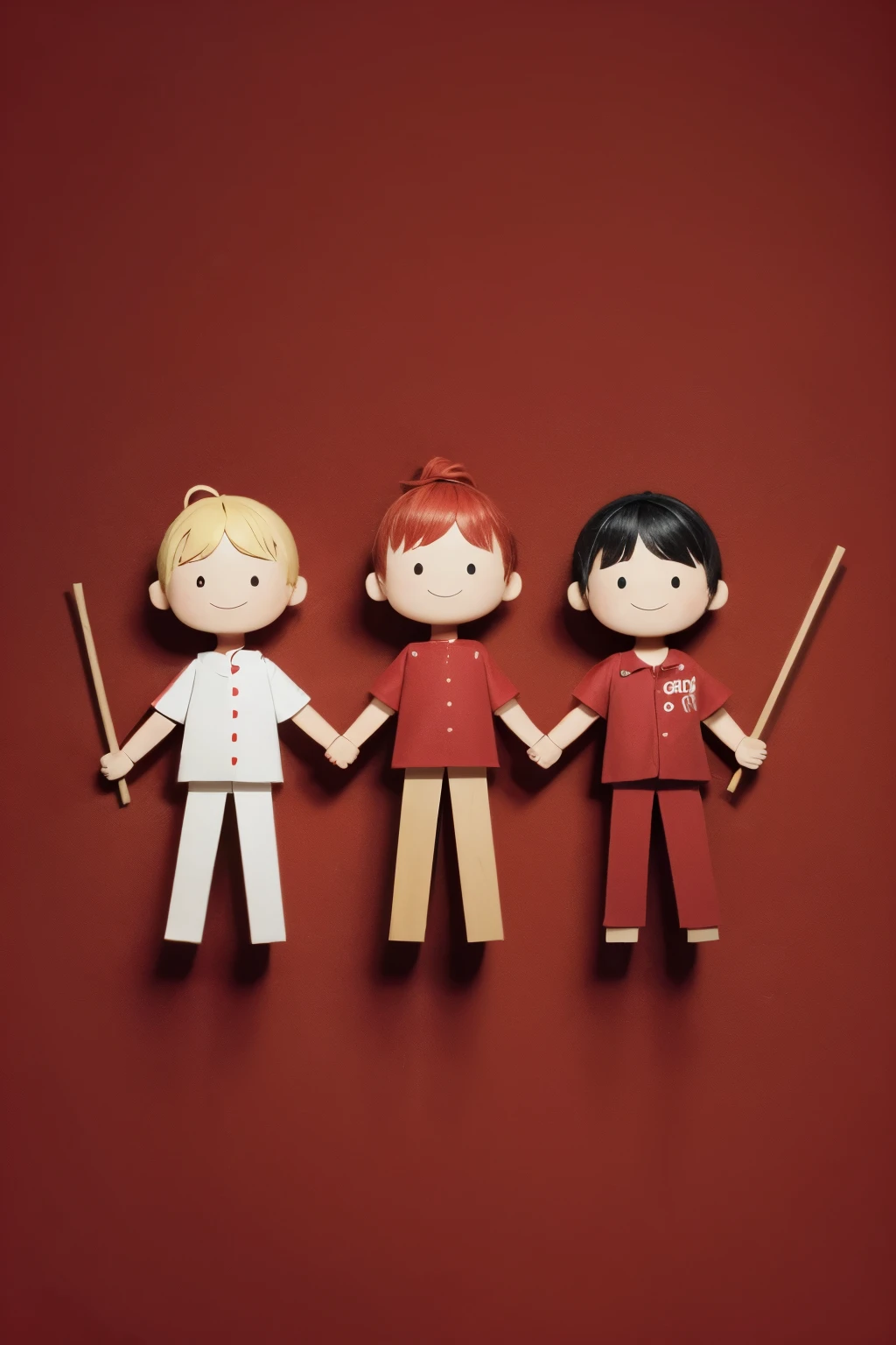 Make a completely red background with three little people drawn on sticks holding hands
