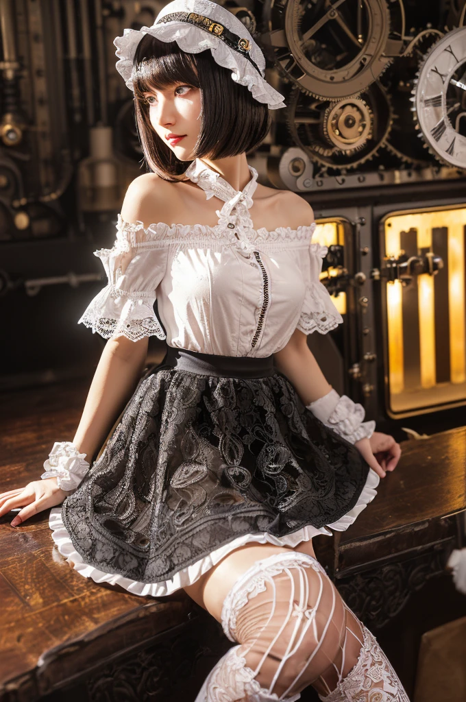 (((Tabletop, Highest quality))), 1 female, (((Very thin body))) , (((length, Thin legs))), (((short black bob, Thick and fluffy bangs ))), (((Highly detailed face))), cosmetically, Small, thin nose, small thin mouth, (((Very sharp focused eyes))), Large slit-shaped, precise pale grey eyes, Shining like a jewel, length eyelashes, ((Highly decorative and complex mechanical steampunk fashion, Lace flare skirt, Above-the-knee lace stockings, Lace Off Shoulder Lolita Fashion, Overly decorative fashion)), Abandoned Night, Exquisitely mechanized steampunk factory catches fire and explodes, (((Overall accuracy has been significantly improved, Create highly detailed and realistic images))), Ultra-realistic photos.
