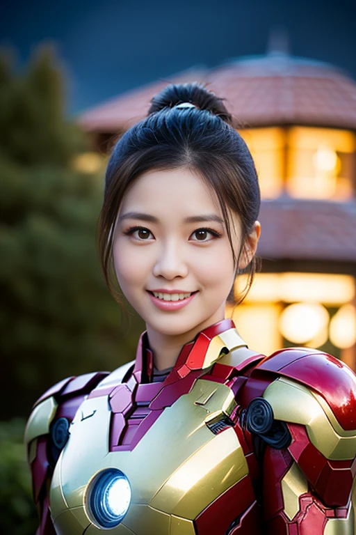 (a gorgeous lady, wearing cosplay of Iron Man MK 7 Suit, md mecha, natural pose under night sky, dimpled smile, short ponytail, cute snaggleooth, beautiful detailed eyes, beautiful detailed face, photorealistic, hyper-realism, high contrast, ultra HD, realistic skin textures, top image quality, top-quality, super high resolution, fine details, very meticulously, the Cowboy shot, bokeh background)