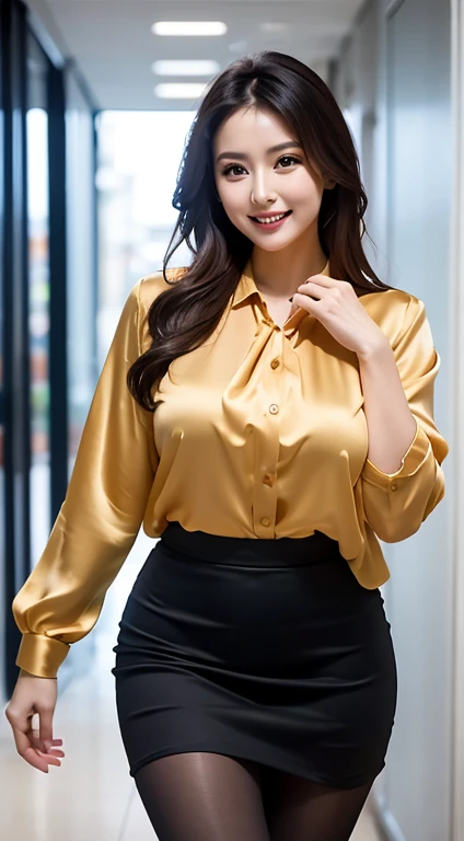 Urzan-6500-v1.1, (RAW Photos:1.2), (Photorealistic), Beautiful detailed girl, (Genuine: 1.4), A beautiful and seductive mature elite secretary in a luxurious silk blouse.、40 years、height　154cm、Well-proportioned body type、Hourglass illustration、Skirt and thighs、While walking down the hallway、Business services, (Wearing pantyhose,Realistic pantyhose)、Working in the office、Wearing a satin blouse, Ultra-thin fabric、Smooth、See-through fabric、girl wearing luxury high heels, Wearing an elegant blouse, Wearing a very thin blouse, Businesswoman, Blouse and skirt, Wearing a silk blouse, Please wear a shirt and skirt, Japanese Goddess、Large file size, High resolution, Very detailed, Highest quality, [masterpiece:1.6], Awareness-raising, Very detailed, Hmph, finely, Highest quality, 8k wallpaper, Cinema Lighting, Perfect figure, Cute droopy eyes、Beautiful big eyes、Poke your finger, ((Pieces fly)), Highest quality, eye shadow, ((Full Body Shot:1.2))、(A very loving smile:1.2)、Realistic skin texture、Shiny skin、Exposed thighs!!!, Asian Age,