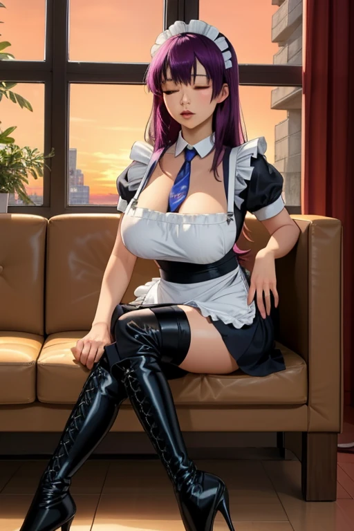 (high quality:1.2), Complex and meticulous,
(Yayoi Hino:1.2), Mature female, Solitary, permanent, Put your hands on your chest, Cowboy shooting,
Looking at the audience, calm, Shut up, Half closed eyes, 
Purple Hair, Long hair, Brown eyes,
maid, maid headdreass, (maid apron:1.1), shirt, tie, Puff sleeves, mini skirt, Black over-the-knee stockings, Garter, (high-heel boots:1.3),
Large Breasts, Curvy beauty,
VIP room, indoors, building, window, Sunset,
 