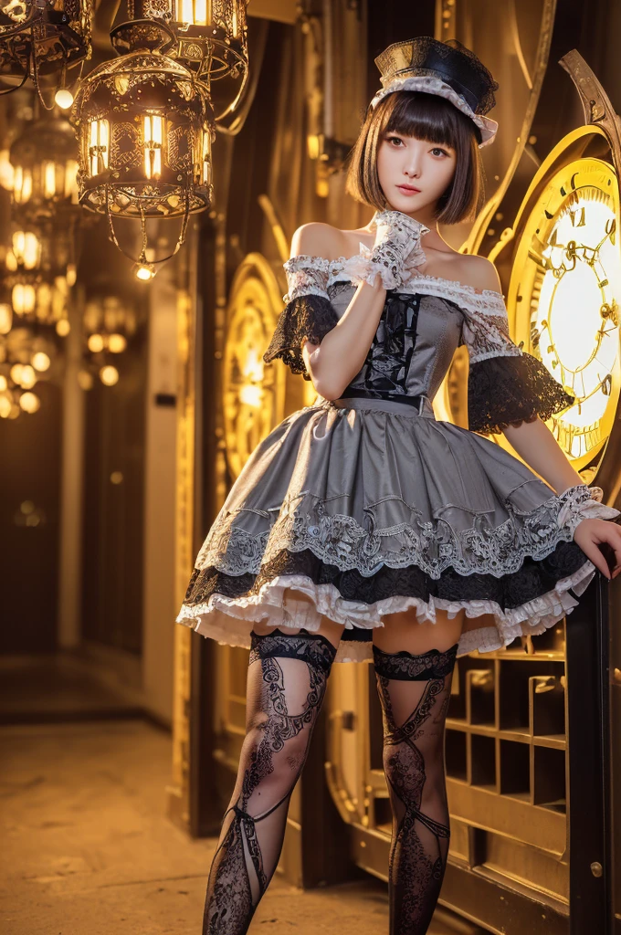 (((Tabletop, Highest quality))), 1 female, (((Very thin body))) , (((length, Thin legs))), (((short black bob, Thick and fluffy bangs ))), (((Highly detailed face))), cosmetically, Small, thin nose, small thin mouth, (((Very sharp focused eyes))), Large slit-shaped, precise pale grey eyes, Shining like a jewel, length eyelashes, ((Highly decorative and complex mechanical steampunk fashion, Lace flare skirt, Above-the-knee lace stockings, Lace Off Shoulder ta Fashion, Overly decorative fashion)), Abandoned Night, Exquisitely mechanized steampunk factory catches fire and explodes, (((Overall accuracy has been significantly improved, Create highly detailed and realistic images))), Ultra-realistic photos.