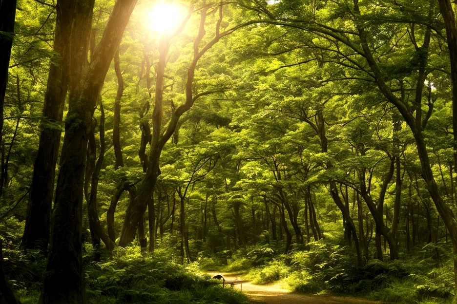 in the forest、wood々The soft sunlight filtering through、The pleasant chirping of birds from afar、detailed、high resolution