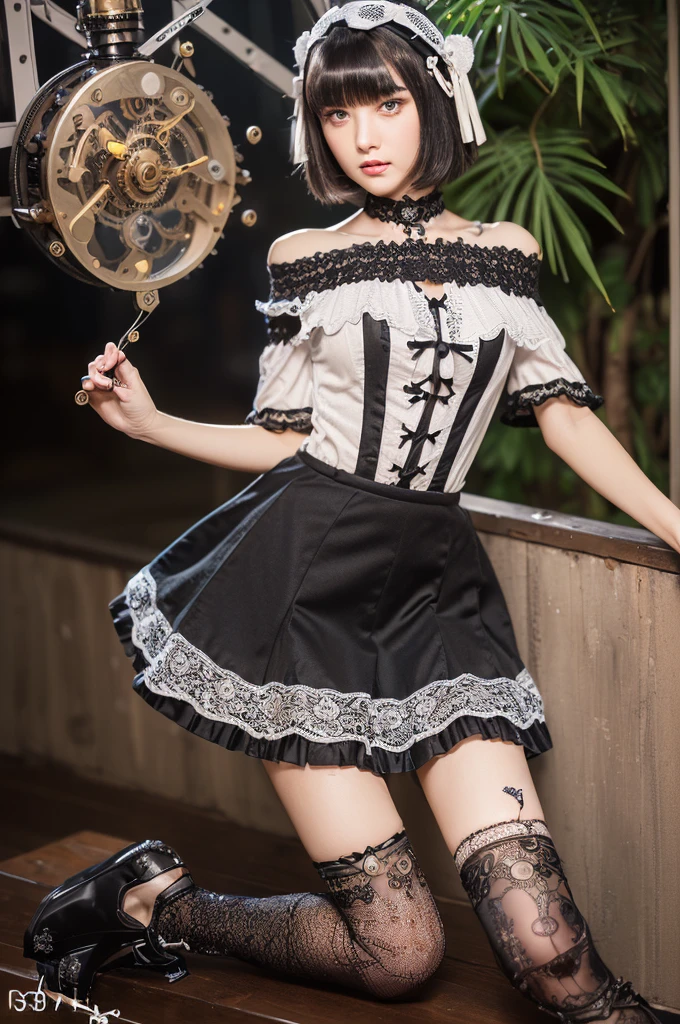 (((Tabletop, Highest quality))), 1 female, (((Very thin body))) , (((length, Thin legs))), (((short black bob, Thick and fluffy bangs ))), (((Highly detailed face))), cosmetically, Small, thin nose, small thin mouth, (((Very sharp focused eyes))), Large slit-shaped, precise pale grey eyes, Shining like a jewel, length eyelashes, ((Highly decorative and complex mechanical steampunk fashion, Lace flare skirt, Above-the-knee lace stockings, Lace Off Shoulder Lolita Fashion, Overly decorative fashion)), Abandoned Night, Exquisitely mechanized steampunk factory catches fire and explodes, (((Overall accuracy has been significantly improved, Create highly detailed and realistic images))), Ultra-realistic photos.