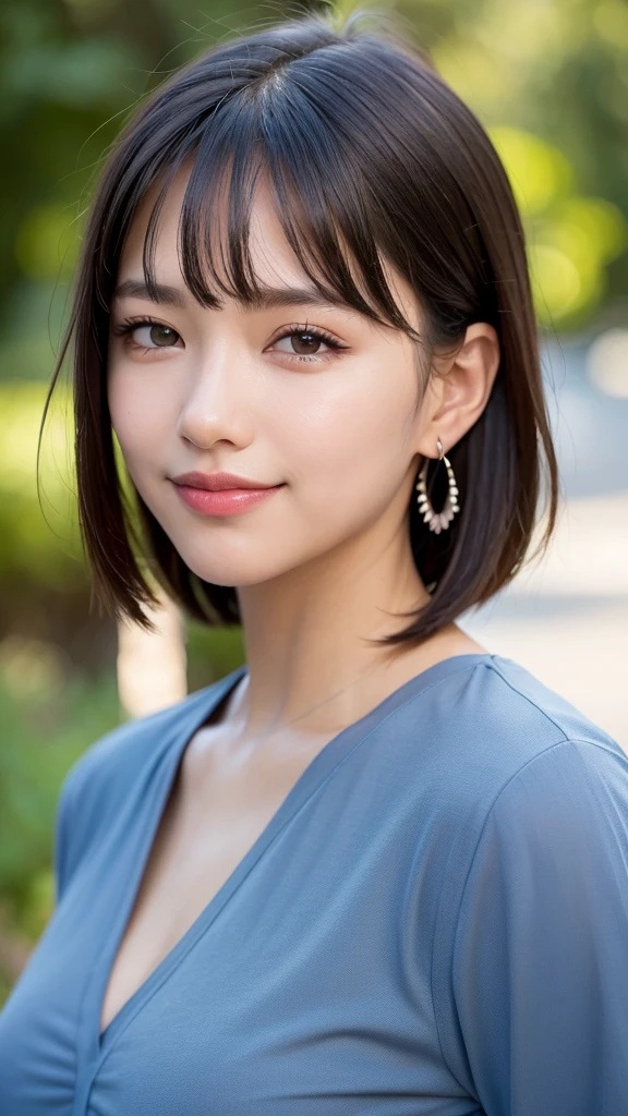 (RAW Photo: 1.2), (Photorealistic: 1.4), (Best Quality: 1.4), Ultra High Resolution, HDR, 8K Resolution, Dreamy, Commentary, Landscape, (No Text), Solo Focus, (Detailed Eyes), (Detailed Face), (Detailed Clothing Features), Skin Tight, (Shiny Skin), (SLF) Mender), (Slim), (Beauty Face), 1 Boy, Virtual Girl Ren Young, bangs, black hair, blue eyes, earrings, loose shirt, smile, embarrassed, cute, look straight at the camera,