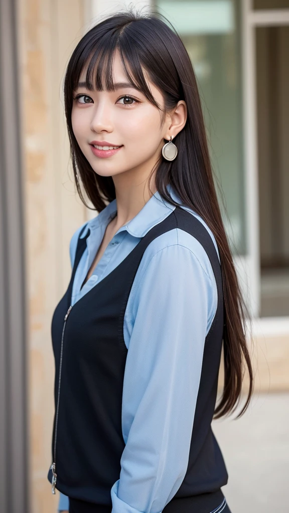 (RAW Photo: 1.2), (Photorealistic: 1.4), (Best Quality: 1.4), Ultra High Resolution, HDR, 8K Resolution, Dreamy, Commentary, Landscape, (No Text), Solo Focus, (Detailed Eyes), (Detailed Face), (Detailed Clothing Features), Skin Tight, (Shiny Skin), (SLF) Mender), (Slim), (Beauty Face), 1 Boy, Virtual Girl Ren Young, bangs, black hair, blue eyes, earrings, loose shirt, smile, embarrassed, cute, look straight at the camera,