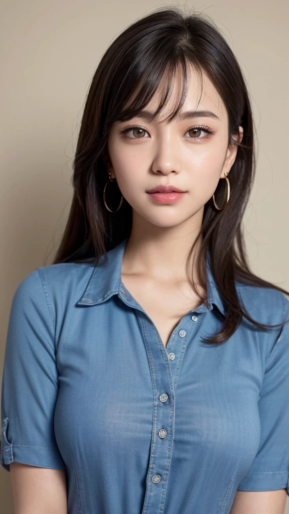 (RAW Photo: 1.2), (Photorealistic: 1.4), (Best Quality: 1.4), Ultra High Resolution, HDR, 8K Resolution, Dreamy, Commentary, Landscape, (No Text), Solo Focus, (Detailed Eyes), (Detailed Face), (Detailed Clothing Features), Skin Tight, (Shiny Skin), (SLF) Mender), (Slim), (Beauty Face), 1 Boy, Virtual Girl Ren Young, bangs, black hair, blue eyes, earrings, loose shirt, smile, embarrassed, cute, look straight at the camera,