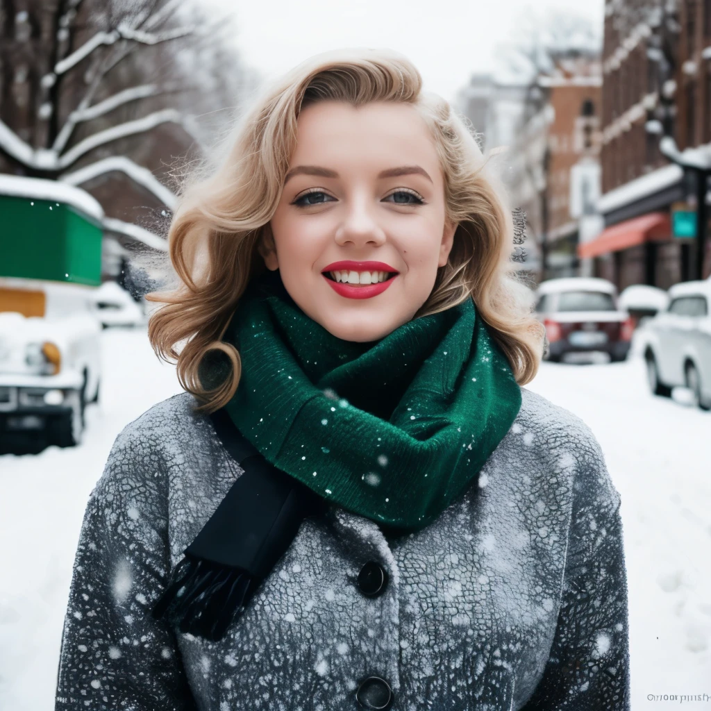 paparazzi portrait photo of Marilyn Monroe smiling and posing for a photo shoot on a New York street, very diffuse light, skin moles, (single black mole on the left cheek), sensual, no cleavage, wearing a yellow winter turtleneck sweater from 1950, wearing a blue silk scarf around her neck, green_eyes, red lips, snow gloves. Retro scenery in the background, 1950s snow covered cars, greyscale, 1950s (highly detailed skin:1.2), 16k, High details. ultra high res.photorealistic:.1.4,UHD, DSLR, soft lighting, high quality, grain film, FujifilmXT3