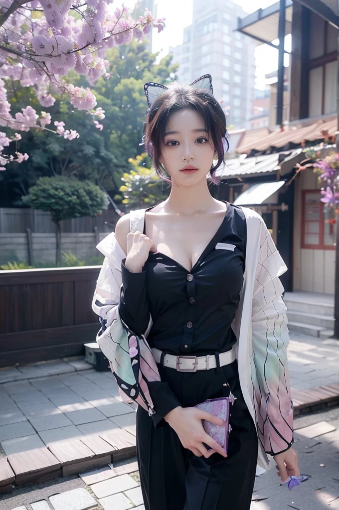 Ultra-realistic 8K CG,masterpiece,((Highly detailed background,Delicate pattern,Intricate details)),The best quality at its best,とてもとてもとても詳細なface,非常に詳細な目とface,Very fine grain,kochou shinobu,Multicolored Hair,No bangs,Hair Intake,Purple eyes,amount,Black Shirt,Black pantsuit,Haori,butterfly,button,band,(熱band庭園:1.2),Purple Flower,tchibi,mostly cloudy null,Light of the sun,Tyndall effect,Slope_null,face,beautiful null,Sabre on waist,Seductive posture,(Large Breasts),(Cleavage),(Off-the-shoulder outfit:1.3)