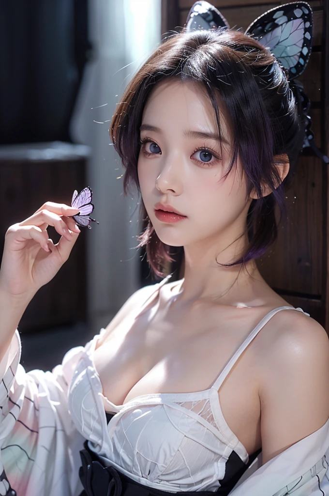 Ultra-realistic 8K CG,masterpiece,((Highly detailed background,Delicate pattern,Intricate details)),The best quality at its best,とてもとてもとても詳細なface,非常に詳細な目とface,Very fine grain,kochou shinobu,Multicolored Hair,No bangs,Hair Intake,Purple eyes,amount,Black Shirt,Black pantsuit,Haori,butterfly,button,band,(熱band庭園:1.2),Purple Flower,tchibi,mostly cloudy null,Light of the sun,Tyndall effect,Slope_null,face,beautiful null,Sabre on waist,Seductive posture,(Large Breasts),(Cleavage),(Off-the-shoulder outfit:1.3)