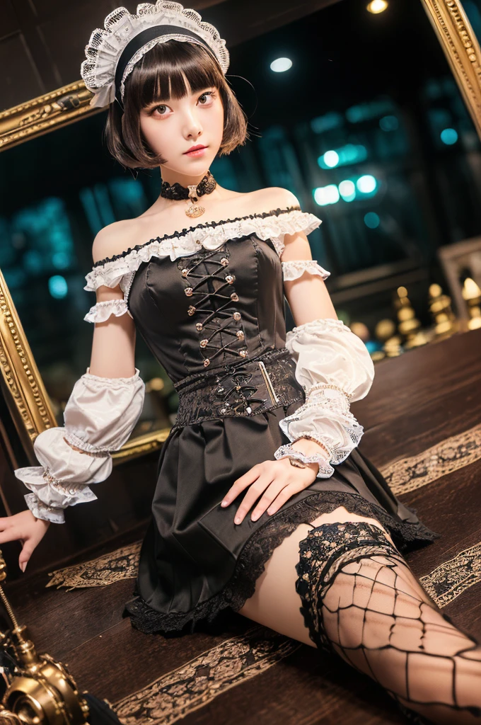 (((Tabletop, Highest quality))), 1 female, (((Very thin body))) , (((length, Thin legs))), (((short black bob, Thick and fluffy bangs ))), (((Highly detailed face))), cosmetically, Small, thin nose, small thin mouth, (((Very sharp focused eyes))), Large slit-shaped, precise pale grey eyes, Shining like a jewel, length eyelashes, ((Highly decorative and complex mechanical steampunk fashion, Lace flare skirt, Above-the-knee lace stockings, Lace Off Shoulder ta Fashion, Overly decorative fashion)), Abandoned Night, Exquisitely mechanized steampunk factory catches fire and explodes, (((Overall accuracy has been significantly improved, Create highly detailed and realistic images))), Ultra-realistic photos.