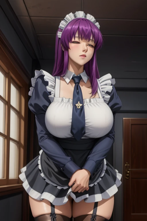 (high quality:1.2), Complex and meticulous,
(Yayoi Hino:1.2), Mature female, Solitary, permanent, Put your hands on your chest, Cowboy shooting,
Looking at the audience, calm, Shut up, Half closed eyes, 
Purple Hair, Long hair, Brown eyes,
maid, maid headdreass, (maid apron:1.1), shirt, tie, Puff sleeves, mini skirt, Black over-the-knee stockings, Garter, (high-heel boots:1.3),
Large Breasts, Curvy beauty,
VIP room, indoors, building, window, Sunset,
 