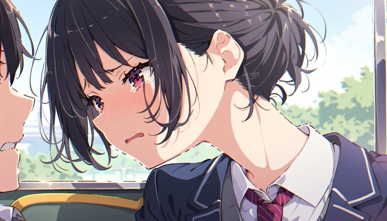 A girl with short black hair and small breasts in a blazer uniform is crying in disgust after being held down by a molester and forcibly kissed on a train