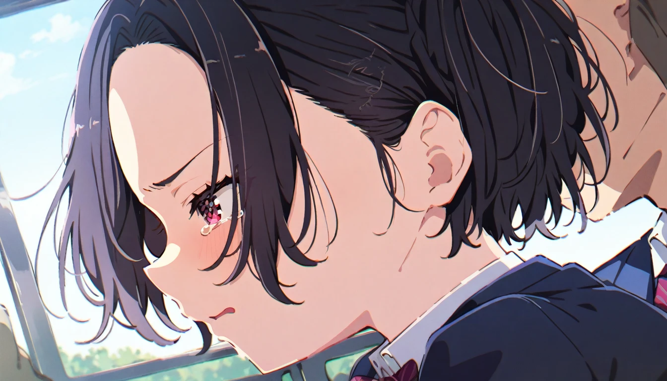 A girl with short black hair and small breasts in a blazer uniform is crying in disgust after being held down by a molester and forcibly kissed on a train