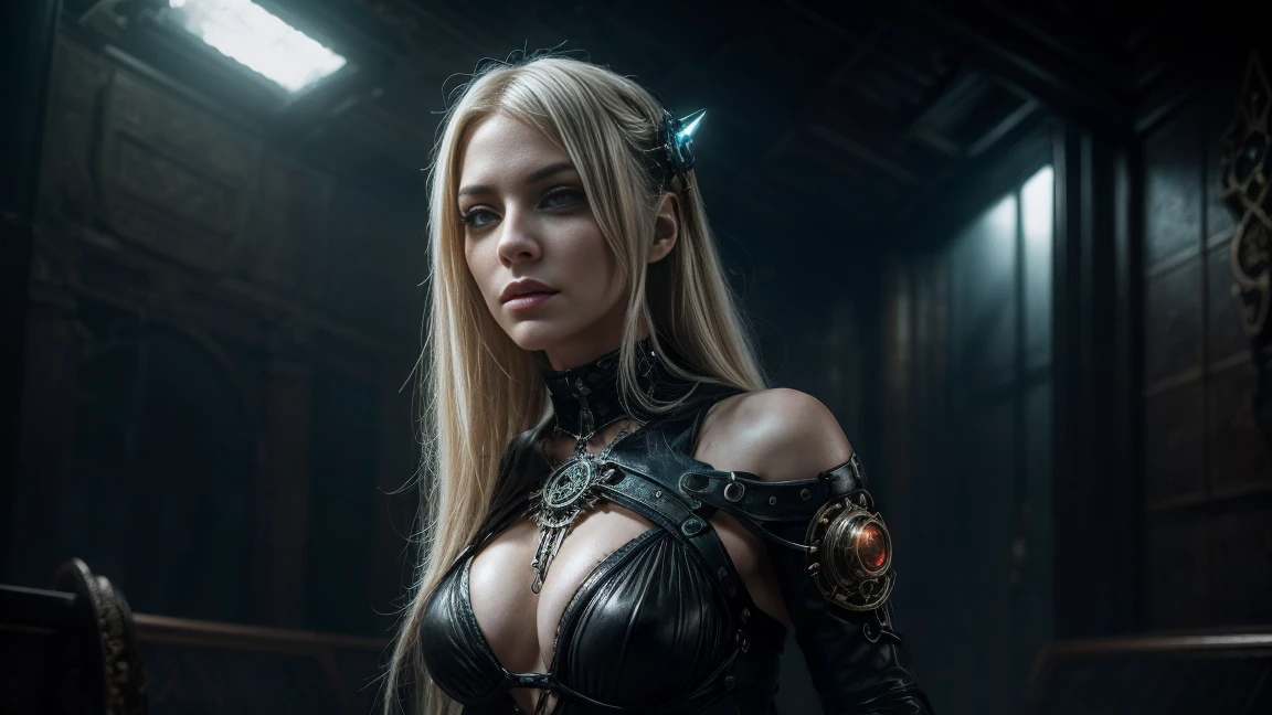 Create the fullbody cyborg image of a portlate, cosplay, Blonde Hair, steampunk, cyberpunk, noble and elegant girl, Beautiful alluring colorless eyes, A Cyborg Female with a refined and elegant appearance, she has a lot of time, Loose hair and angular features, her skin should be pale and flawless, With a touch of potus transcendental beauty, her eyes should be deep and seductive, With a predatory glow, An allusion to their insatiable bloodlust, (They have to wear sheer erotic clothes, That are transparent, modern and timeless), Her style refers to the long history of human life, When she wakes up from a deep sleep, she Should Exercise Calm Confidence, Exudes an aura of danger and intrigue, Cinematic, gothic art style, Ultra-realistic realism, Psychedelic surrealist art, Surreal psychedelic design, Dreaming style, psychedelic art, Quality Quantity, skin texture, intricate details, (cinematic graphic lighting), RAW, 8K, Cyberpunk Neon Light Hall Environment