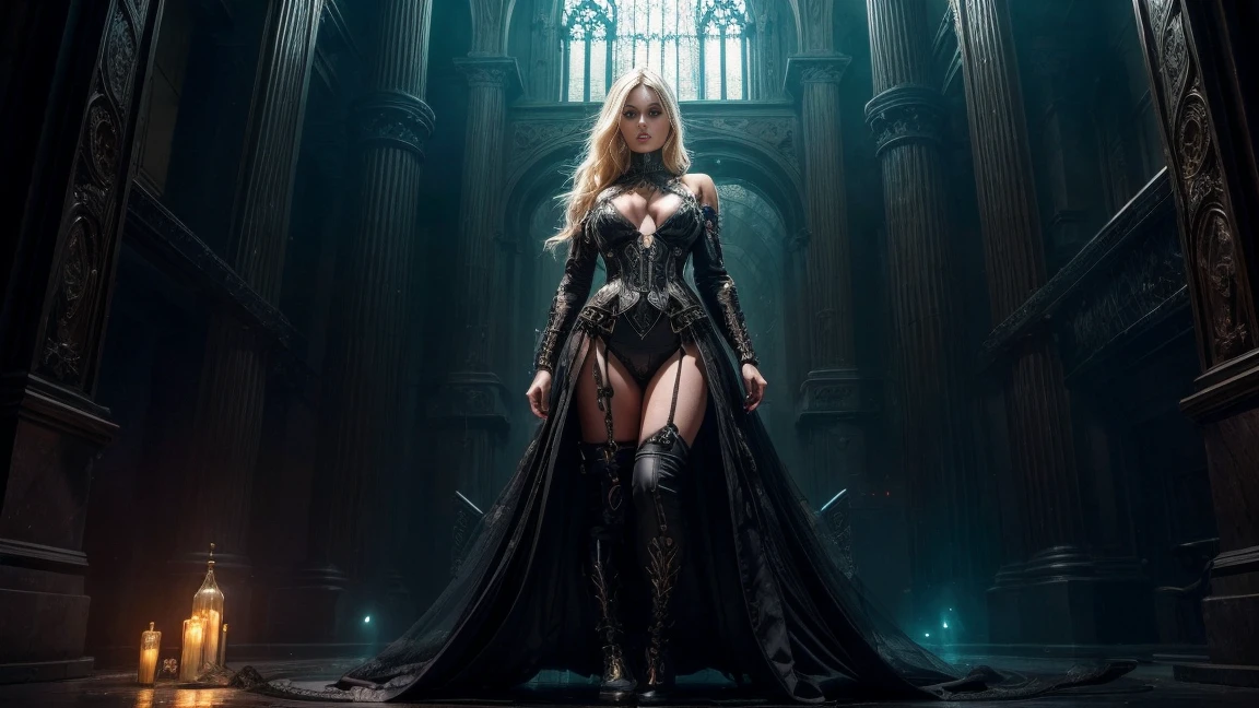 Create the fullbody cyborg image of a portlate, cosplay, Blonde Hair, steampunk, cyberpunk, noble and elegant girl, Beautiful alluring colorless eyes, A Cyborg Female with a refined and elegant appearance, she has a lot of time, Loose hair and angular features, her skin should be pale and flawless, With a touch of potus transcendental beauty, her eyes should be deep and seductive, With a predatory glow, An allusion to their insatiable bloodlust, (They have to wear sheer erotic clothes, That are transparent, modern and timeless), Her style refers to the long history of human life, When she wakes up from a deep sleep, she Should Exercise Calm Confidence, Exudes an aura of danger and intrigue, Cinematic, gothic art style, Ultra-realistic realism, Psychedelic surrealist art, Surreal psychedelic design, Dreaming style, psychedelic art, Quality Quantity, skin texture, intricate details, (cinematic graphic lighting), RAW, 8K, Cyberpunk Neon Light Hall Environment