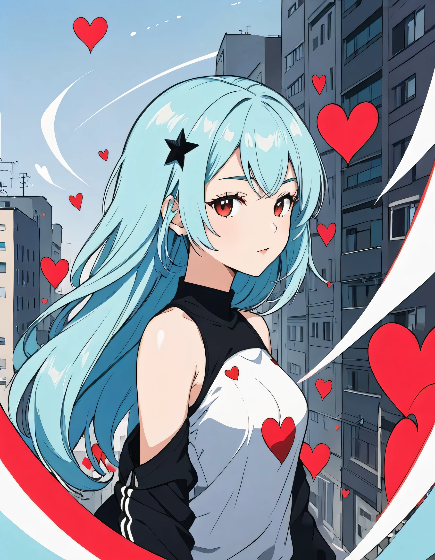 Black Star Red and White style, Simple Line Initialism，Abstract art，Urban Background, colorful hearts ,(((The most beautiful girl of all time))),
