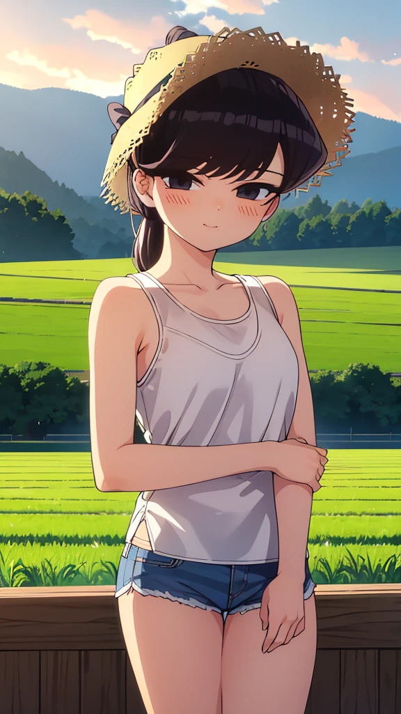 True Face stand alone afternoon bright from the front straight low length Cowboy Shot Place your arms behind your head countryside Beautiful scenery Straw hat Show me your armpit hair Beauty blush Tank top Shorts Summer evening Paddy field Put your hands behind your head About White tank top smile