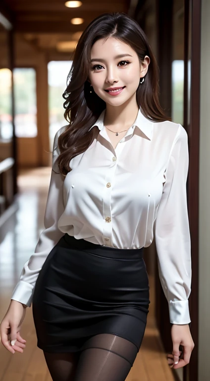 Urzan-6500-v1.1, (RAW Photos:1.2), (Photorealistic), Beautiful detailed girl, (Genuine: 1.4), A beautiful and seductive mature elite secretary in a luxurious silk blouse.、40 years、height　154cm、Well-proportioned body type、Hourglass illustration、Skirt and thighs、While walking down the hallway、Business services, (Wearing pantyhose,Realistic pantyhose)、Working in the office、Wearing a satin blouse, Ultra-thin fabric、Smooth、See-through fabric、girl wearing luxury high heels, Wearing an elegant blouse, Wearing a very thin blouse, Businesswoman, Blouse and skirt, Wearing a silk blouse, Please wear a shirt and skirt, Japanese Goddess、Large file size, High resolution, Very detailed, Highest quality, [masterpiece:1.6], Awareness-raising, Very detailed, Hmph, finely, Highest quality, 8k wallpaper, Cinema Lighting, Perfect figure, Cute droopy eyes、Beautiful big eyes、Poke your finger, ((Pieces fly)), Highest quality, eye shadow, ((Full Body Shot:1.2))、(A very loving smile:1.2)、Realistic skin texture、Shiny skin、Exposed thighs!!!, Asian Age,Infinite Orgasm、A piercing orgasm An unprecedented orgasm in anal、