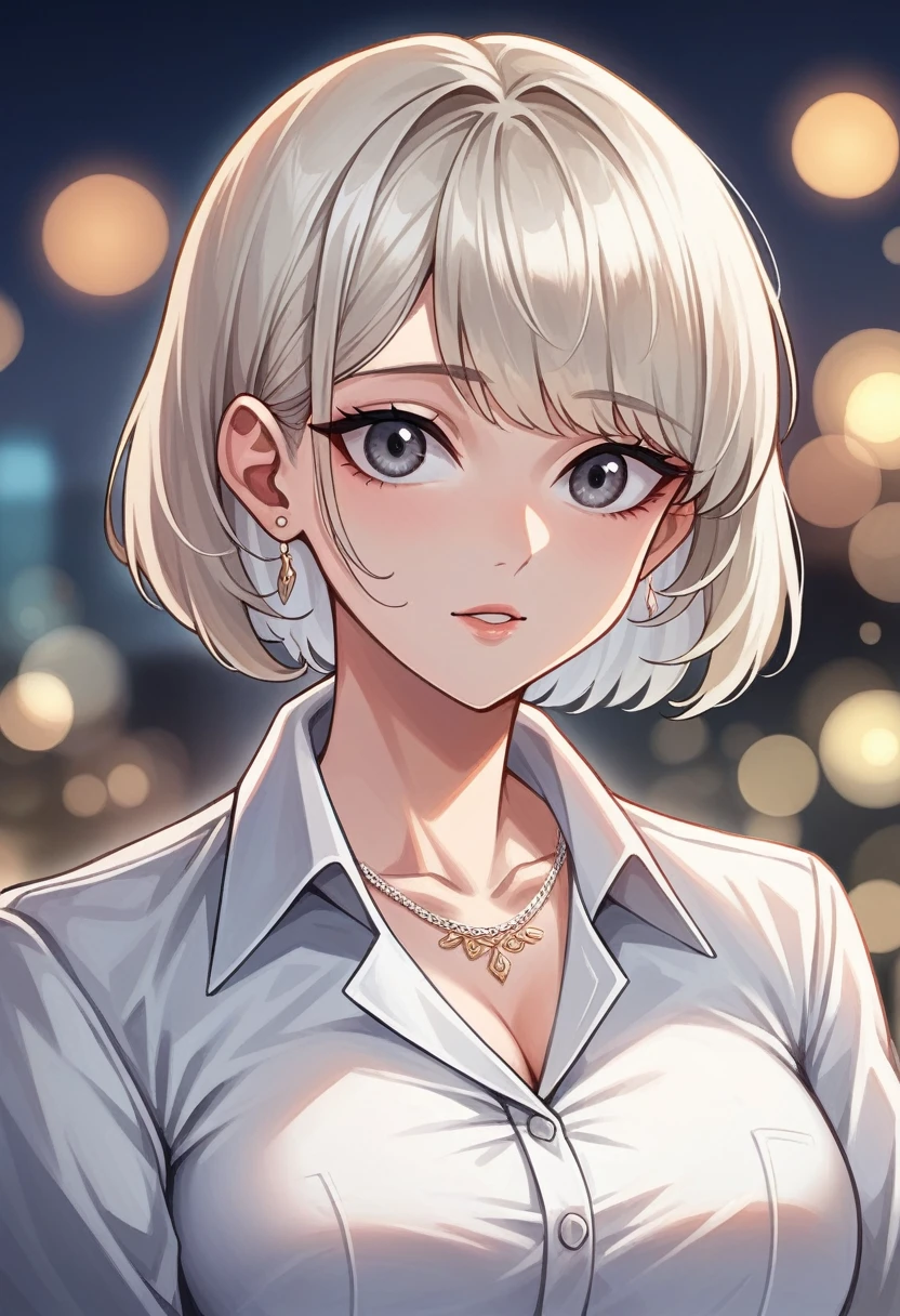 Curled bob cut, platinum hair woman in orange collared shirt posing to take photo in city, 8K artgerm Bokeh, well-proportioned body, beautiful korean woman, gorgeous necklace, beautiful young korean woman, soft portrait shot 8 K, korean girl, double and narrow eyes, beautiful gray eyes, Los Tran 8 K, Cute young woman, Korean woman, beautiful blonde girl
