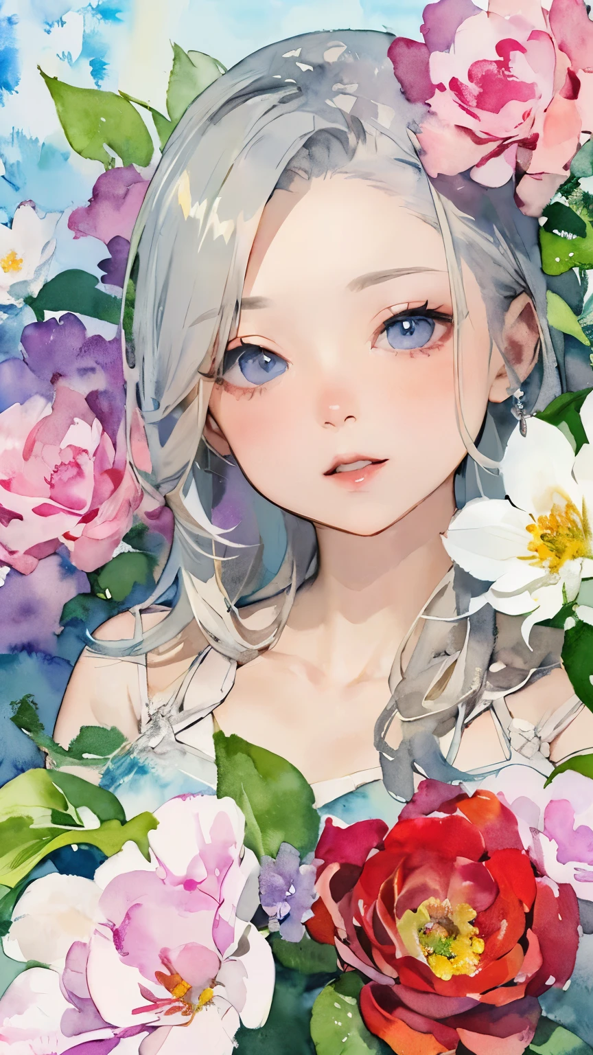 Poster,(Watercolor:1.2, 水分の多いWatercolor:1.3, 滲んだWatercolor:1.37),((Art Deco,Botanical Art,Flower Art)),(Floral:1.2),Crimson rose flower,
(masterpiece, Highest quality),(Vibrant colors,colorful),(Amazing details,Detailed Background),Anatomically correct,Accurate drawing,Detail View,Sense of luxury,
Perfect Anatomy, girl, かわいいgirl, Grey Hair, Grey Eyes,