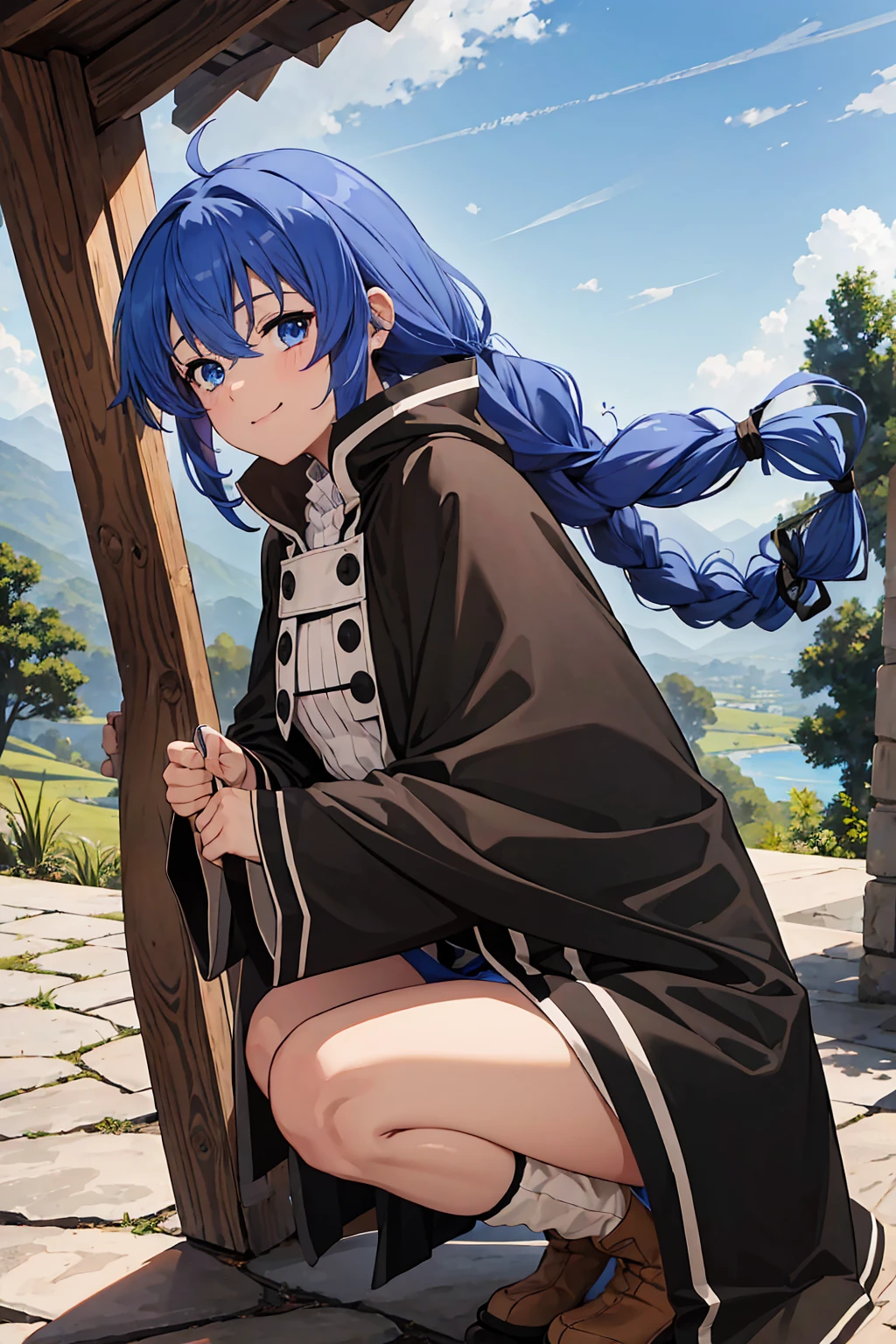 Ranni the witch (blue hair) lifting up her skirt (sheer white gown) and pinching her nipples (small breast) while resting at a site of grace (dark forest background) full face blushing while sweating a lot looking at viewer with horny smile