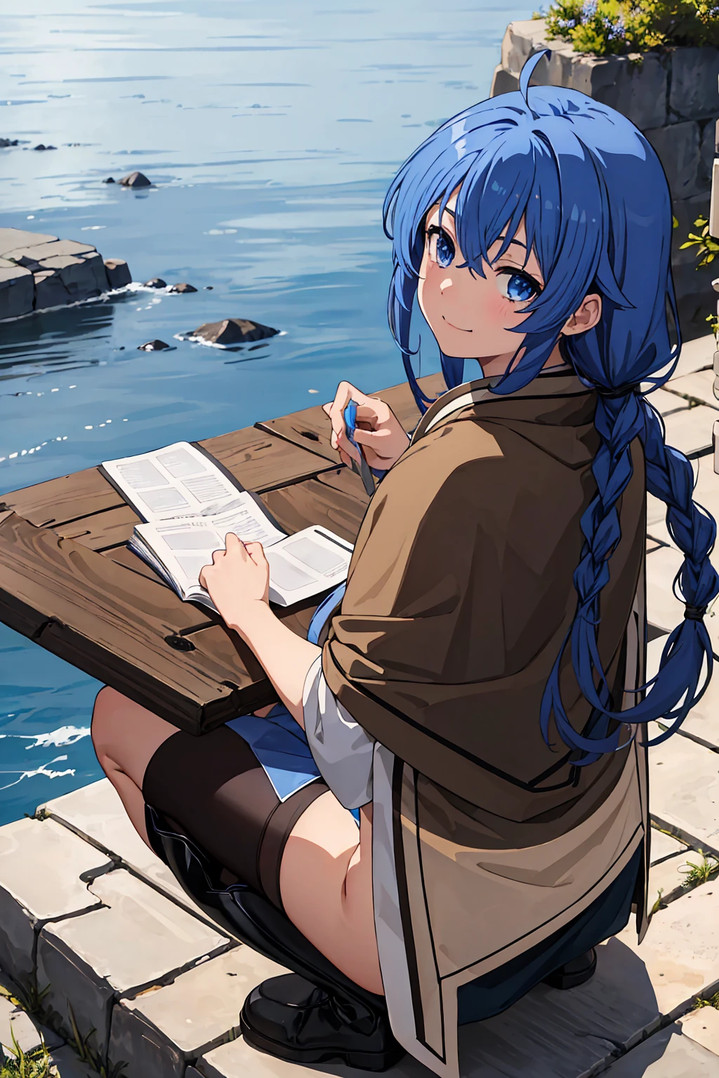 One Girl, Roxy Migurdia, witch Hat, blue eyes, Blue Hair, Twin Blade, Twin tails, (Brown coat:1.1), Cape, Robe, Braided Ponytail, Knee Boots, witch, Holding, , Black socks, ヘアribbon, ribbon, View your viewers, socks, smile, Mouth closed, plein air, sun,, (Tabletop:1.2), High resolution, Highest quality, 8K, Very very clear(((,squat　Panty shot)))++　　Beautiful feet1人, Roxy Migurdia, witch Hat, blue eyes, Blue Hair, Twin Blade, Twin tails, (Brown coat:1.1), Cape, Robe, Braided Ponytail, Knee Boots, witch, Holding, , Black socks, ヘアribbon, ribbon, View your viewers, socks, smile, Mouth closed, plein air, sun,, (Tabletop:1.2), High resolution, Highest quality, 8K, Very very clear(((,squat　Panty shot)))++　　Beautiful feet