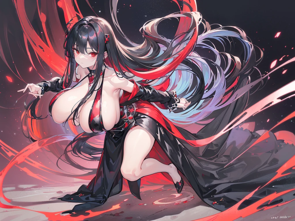 (Exquisite eyes),(Clear and beautiful eyes:1.61),masterpiece, ung girl,(Black clothes and some red gems), Black long hair, (She has a huge red gem on her chest), Good Hand,((The Havoc of StarCraft)),full-body shot,Fighting Stance,(Red Eyes:1.466),short and small,(Very big breasts:1.35),(Pretty Face),(full-body shot:1.33),Beautiful hands