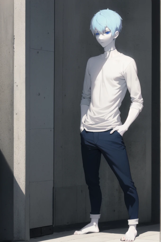 Pale skin, Short fluffy blue hair, Tired blue eyes with slight bags underneath, Slender build, animated, posing, male, Casual clothes, Introverted, hardworking, fatigued, contemplative, college student, ADULT MALE,