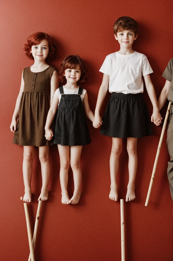 Make a completely red background with three little people drawn on sticks holding hands, two girls, one with short medium-reddish hair and one with medium brown hair and a boy with short black hair.