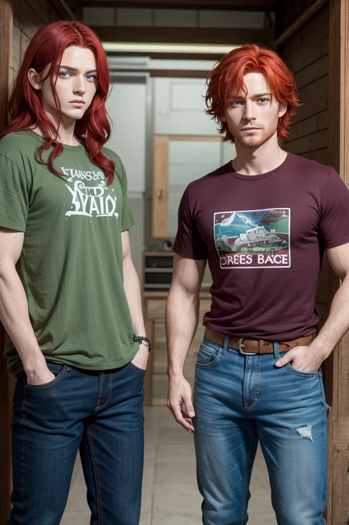 Two characters, one with red hair, the other with dark brown, one with a purple shirt and the other with a sea green shirt and both with jeans, one with green eyes, the other with blue eyes, nails, both painted with sardines.