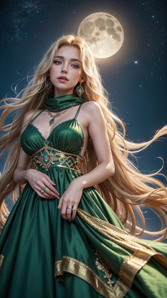 gypsy Esmeralda, Blonde Hair and Green Eyes, Her blonde hair falls in soft waves over her shoulders., capturing the moonlight. They are like golden threads, shining with mystery. Her emerald green eyes are deep and mesmerizing. Gypsy wears a long red dress, Her dress is adorned with golden embroidery,
she wears big earrings, in the shape of rings, A colorful scarf wraps your hair. Mystery and charm, gem stones. Your skin is marked by symbolic tattoos, traces of your gypsy journey.
Dance Under the Moon.