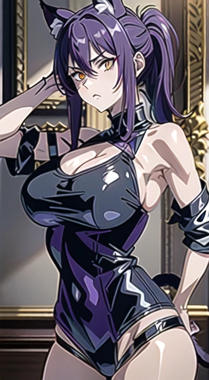 Adult women, Dark purple hair, Low Ponytail, Golden Eyes, Cat ears, Killer Form, sleeveless, anger, masterpiece, high quality,(((Full and soft ,)))(((Huge breastsCleavage))))