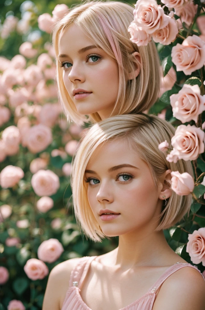 8k, photo and gross, fujifilm, Style photography of a beautiful young girl like Avril in a light pink rose garden. (very detailed skin: 1.2) Style-Petal BREAK short hair, blonde hair with colored highlights, wearing a dress, film grain, 35mm, beautiful style