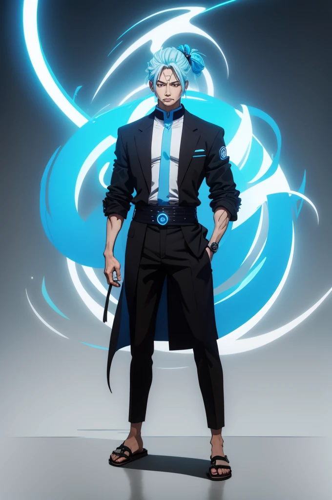 Man with black hair tied in a ponytail with light blue hair tips, spiral red eyes, a serious stance, with a coat of bright blue chakra energy covering his entire body as if it were a suit, black high neck long sleeve blouse, a pair of black pants, black sandals that only show your toes, two katanas on each side of his waist. The image is focused on the face, highlighting the eyes. manhwa