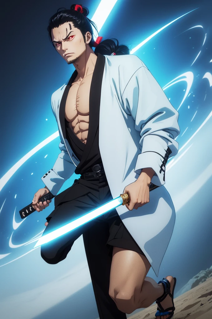 Man with black hair tied in a ponytail with light blue hair tips, spiral red eyes, a serious stance, with a coat of bright blue chakra energy covering his entire body as if it were a suit, black high neck long sleeve blouse, a pair of black pants, black sandals that only show your toes, two katanas on each side of his waist. The image is focused on the face, highlighting the eyes. manhwa