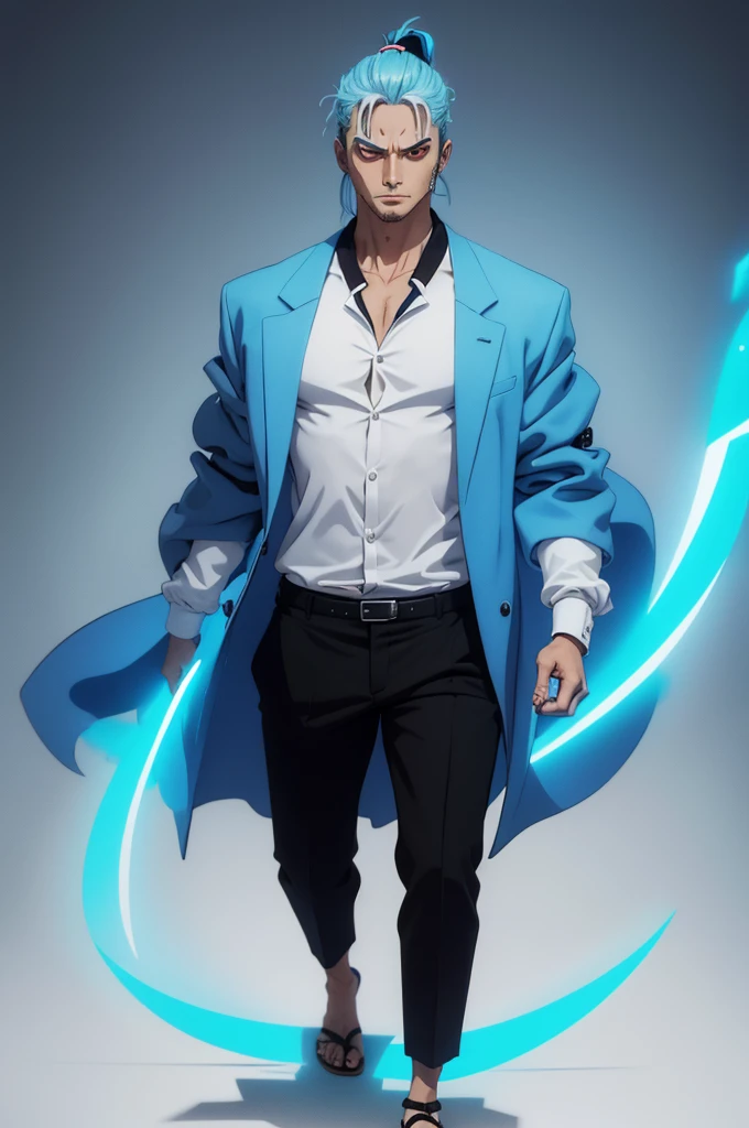 Man with black hair tied in a ponytail with light blue hair tips, spiral red eyes, a serious stance, with a coat of bright blue chakra energy covering his entire body as if it were a suit, black high neck long sleeve blouse, a pair of black pants, black sandals that only show your toes, two katanas on each side of his waist. The image is focused on the face, highlighting the eyes. manhwa