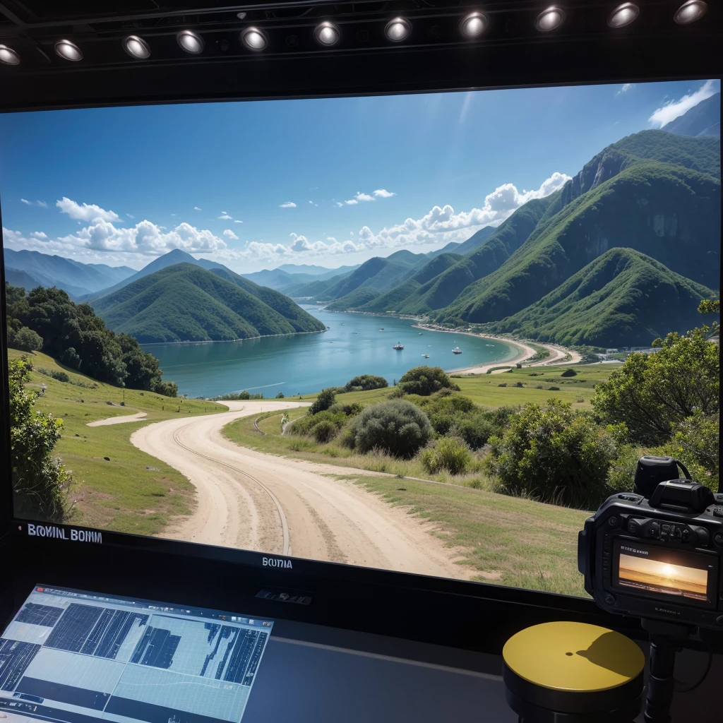 Create a digital background (digital studio), from a TV newspaper, with the name "Bom dia Bom dia", in Portuguese, just the scenery, without any people, in a professional and realistic way.