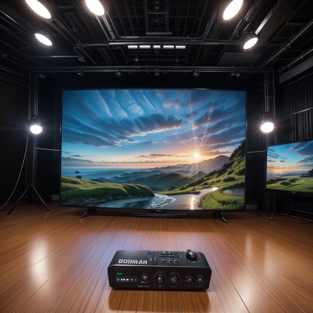 Create a digital background (digital studio), from a TV newspaper, with the name "Bom dia Bom dia", in Portuguese, just the scenery, without any people, in a professional and realistic way.