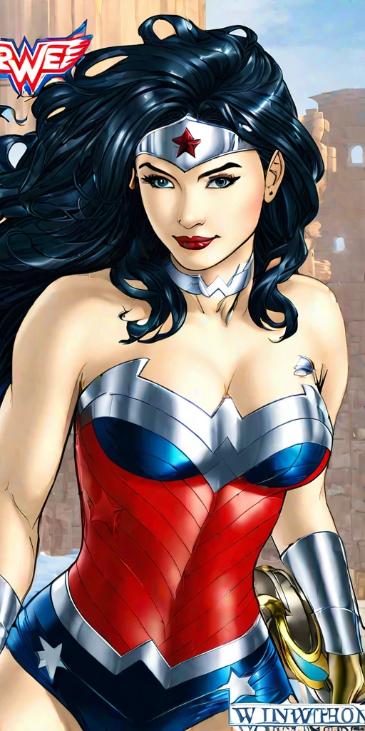 ( Masterpiece, 4k resolution, ultra-realistic, very detailed) Sexy beautiful Wonder Woman (New 52) . portrait photography in the style of realism, glistening skin, , natural lighting, Defined full lips. fitness feminine body full body