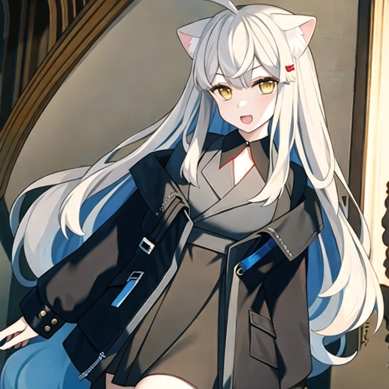 (masterpiece, best quality:1.2), 1girl, solo,灰色の猫耳、黄色の瞳、灰色のロングヘアー、胸の谷間、貧相な胸