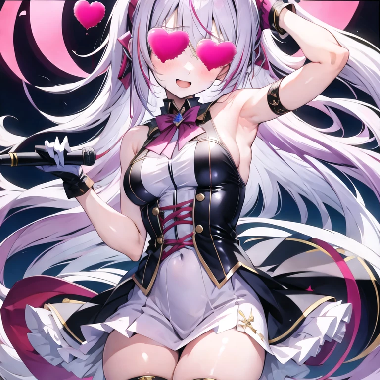 Silver hair, pink eyes, body, cat ears, sexy girl, earrings, heart background fantasy, red pink uniform, hair bow