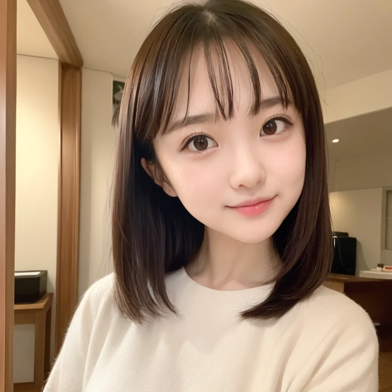 （傑作）、(最高品質:1.5)、(16kの壁紙:1.2)、(フォトリアリスティック:1.2)、(超詳細な:1.2)、(超A high resolution:1.2),(超現実的), (高解像度),  (写実的な), (後処理), (非常に詳細),(鋭い焦点), 鮮明なフォーカス:1.2,バックライト, 明るい光, (品質の向上:1.4),（解剖学的に正確な身体）、((女性1名:1.4))、日本人、アジア人、リアルな肌、（小胸：1.4）,完璧な体型のかわいい女性:1.4,(正面から:1.5), (肌の質感の美しさを高める:1.1), (美しい細かい目), (詳細な顔),美しい現実的な顔,ノーメイク、(ふっくらとした頬)、美しい黒髪、最高の笑顔、ナチュラルカラーリップ、揃った前髪、前髪で眉毛を隠す、((29歳の女性))、ボブヘア、風に吹かれる髪, (黒髪, 黒目, ((ショートボブカットヘアー)), 小さなイヤリング,), 耳の後ろの髪、化粧をしていない、(タレ目)、目尻が下がっている、 