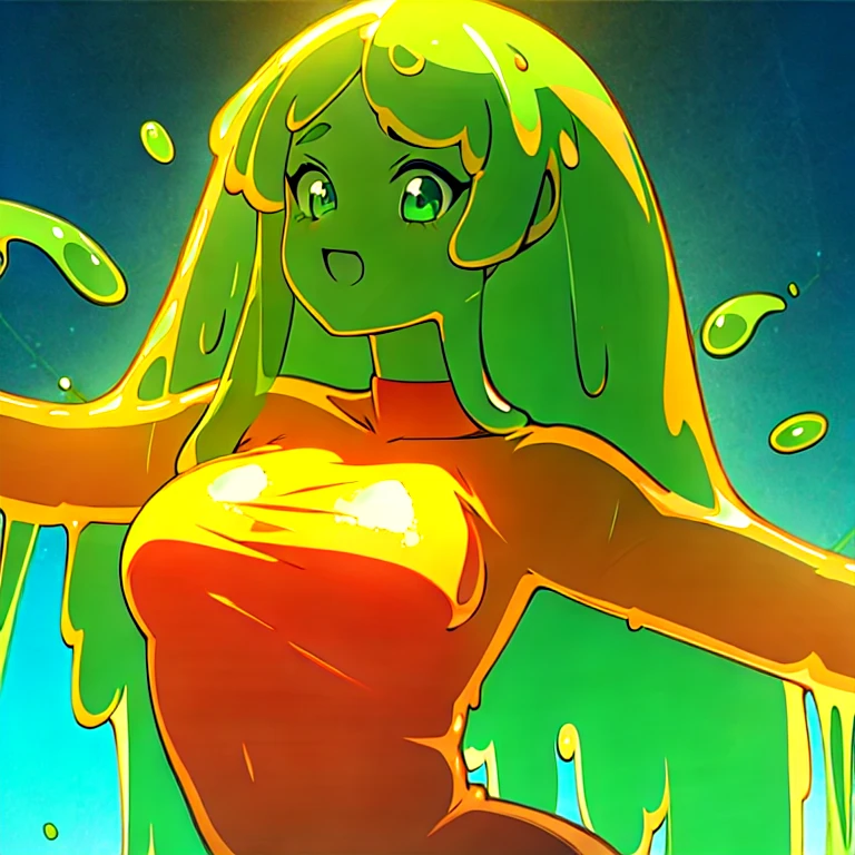 (masterpiece, best quality:1.2), 1girl, solo, slime girl, green slime, translucent body, see-through, upper body