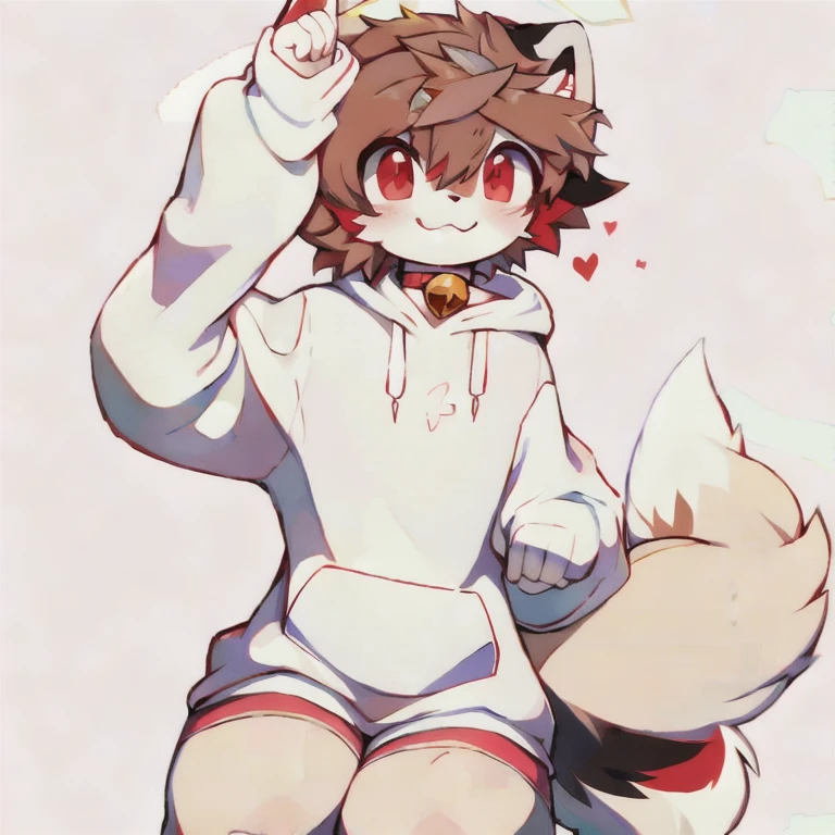 (masterpiece, best quality:1.2), 1boy, solo, white and red fur, white hoodie, red eyes, happy, looking at viewer, cute, simple background