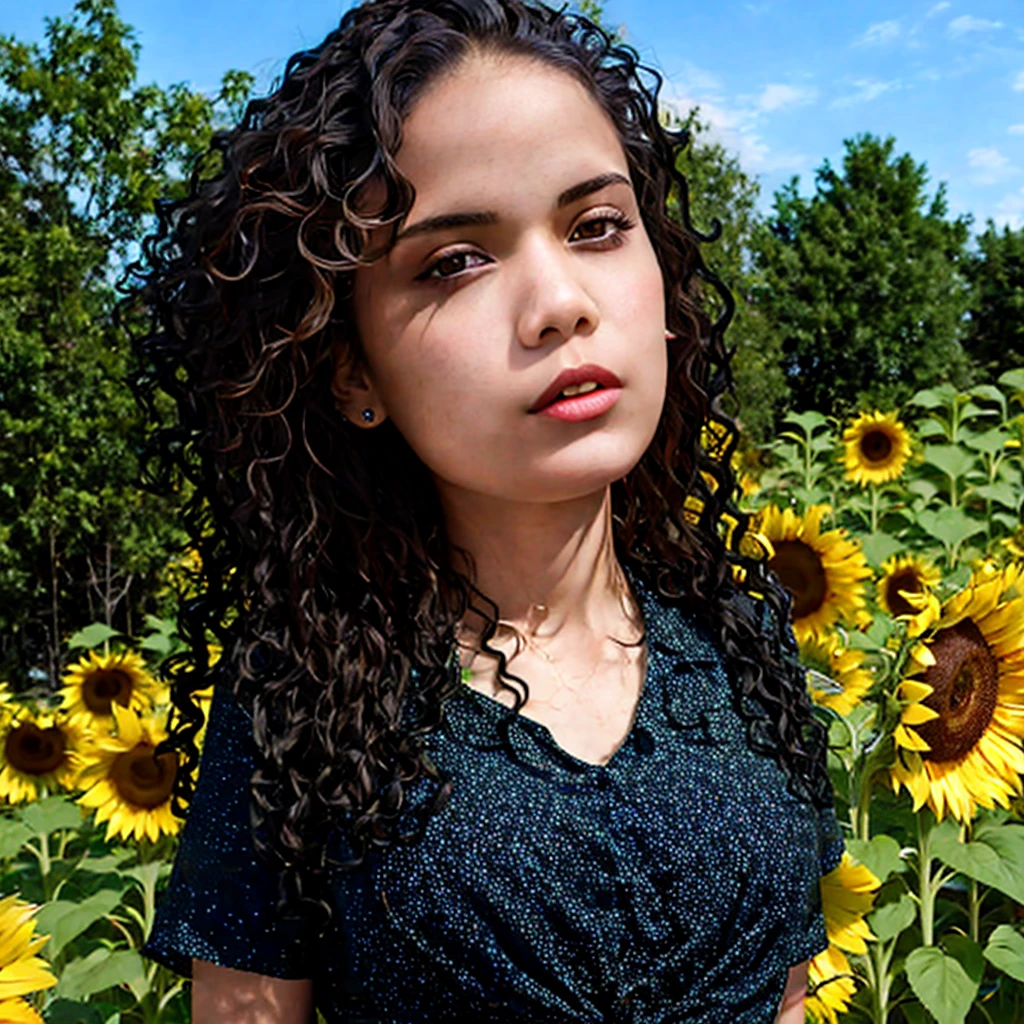 22 yo woman (wavy black hair, brown eyes), detailed skin, wearing a red detailed dress, in a sunflower garden, looking at viewer, UHD, photorealistic, realistic, 8K, 16K, masterpiece, professional photograph, 