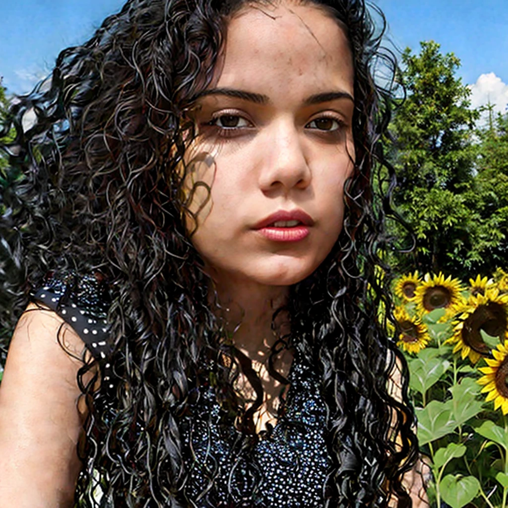 22 yo woman (wavy black hair, brown eyes), detailed skin, wearing a red detailed dress, in a sunflower garden, looking at viewer, UHD, photorealistic, realistic, 8K, 16K, masterpiece, professional photograph, 