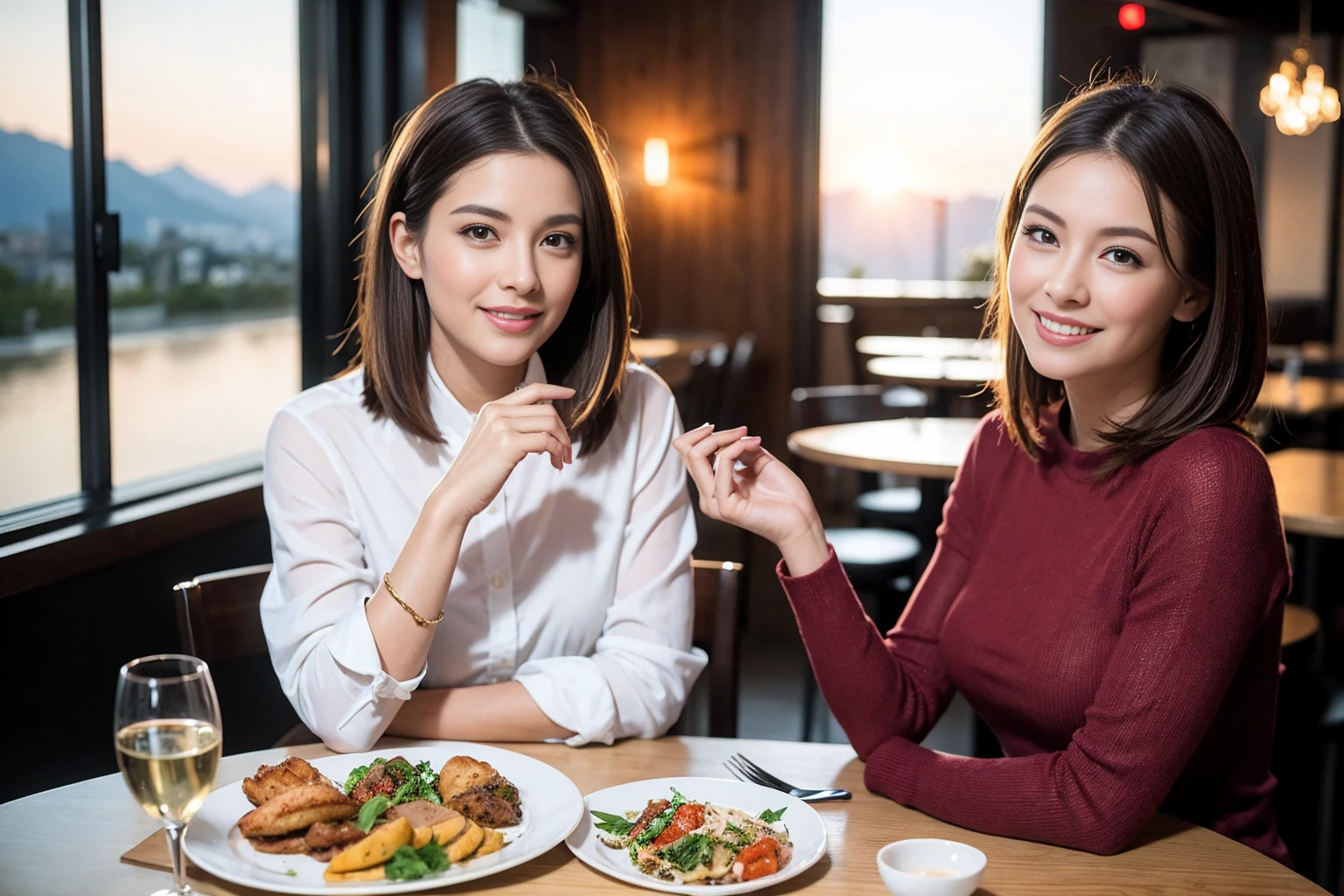 ((Highest quality、8K、masterpiece:1.3))、1 male、1 female、spouse、Beautiful couple、smile、 (Slim face), (the body is スリム), (Brown Hair), (Shortcuts), ((Bob Hale、Straight hair:1.2)), テーブルの上のwine glass、Please shine a light on my face、 Amazing view of the sunset sky and clouds、Amazing mountain views、smileの美しさ、Bright image、Blushing, Shortcuts,Bright Face、 age), 39 age, red wine 、Appetizers、Italian food、Wine bottle、Champagne、sparkling wine、Long sleeve shirt、dress、Attractive beauty、restaurant, Nova Frog Style, actress, model, Upper Body, White wine, red wine, wine glass,
