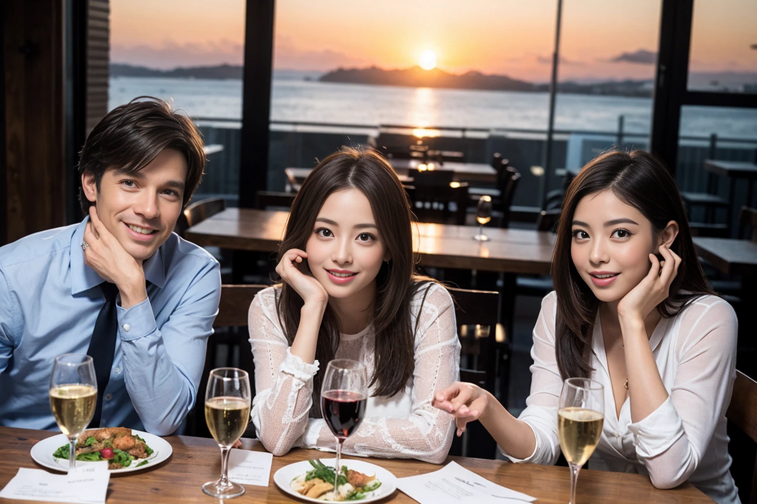 ((Highest quality、、masterpiece:1.3))、1 male、1 female、Satomi Ishihara、Beautiful couple、smile、full-course dinner、 (Slim face), (the body is スリム), (Brown Hair), (Shortcuts), ((Bob Hale、Straight hair:1.2)), テーブルの上のwine glass、Shine light on your face、 Amazing view of the sunset sky and clouds、smileの美しさ、Bright image、Blushing, Shortcuts, (43 years old), 39 years old, Appetizers、Italian food、Wine bottle、Champagne、sparkling wine、Long sleeve shirt、dress、Attractive beauty、restaurant, Nova Frog Style, actress, model, Upper Body, White wine, red wine, wine glass,