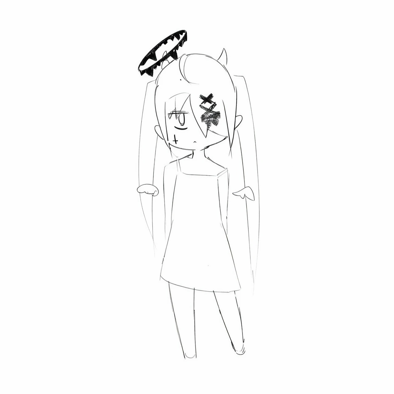 Girl，Height 143 cm，Weight 37kg，white hair，Double tail，Double tail，Double tail一邊長一邊短，There is a slanted black halo above the head.，There&#39;s a little black devil&#39;s horn on the top of his head.，Hanging eyes，red eyes，Bangs cover one eye，Black ribbon on bangs，A small inverted cross tattoo on one cheek，Wearing a black Gothic style short dress，White lace knee-high socks，Wearing black mary jane shoes，Fair skin color，There are small angel wings on the right side of the body，There are little devil wings on the left side of the body
